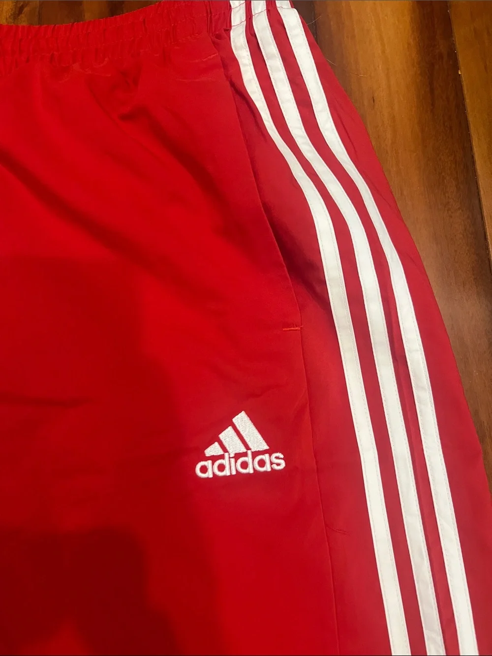 Adidas Red Men’s Chelsea Athletic Shorts with White Stripe Accents